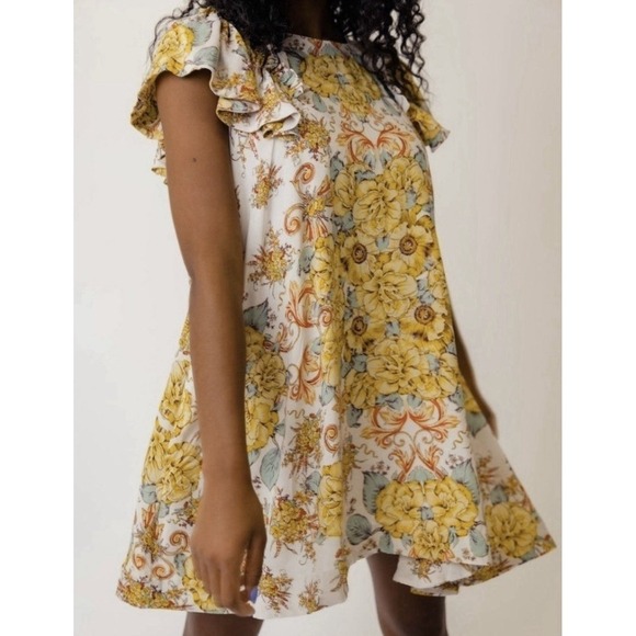 Free People Yara Floral Printed Peasant Flutter Sleeve Mini Dress Size Large NWT - Picture 1 of 15